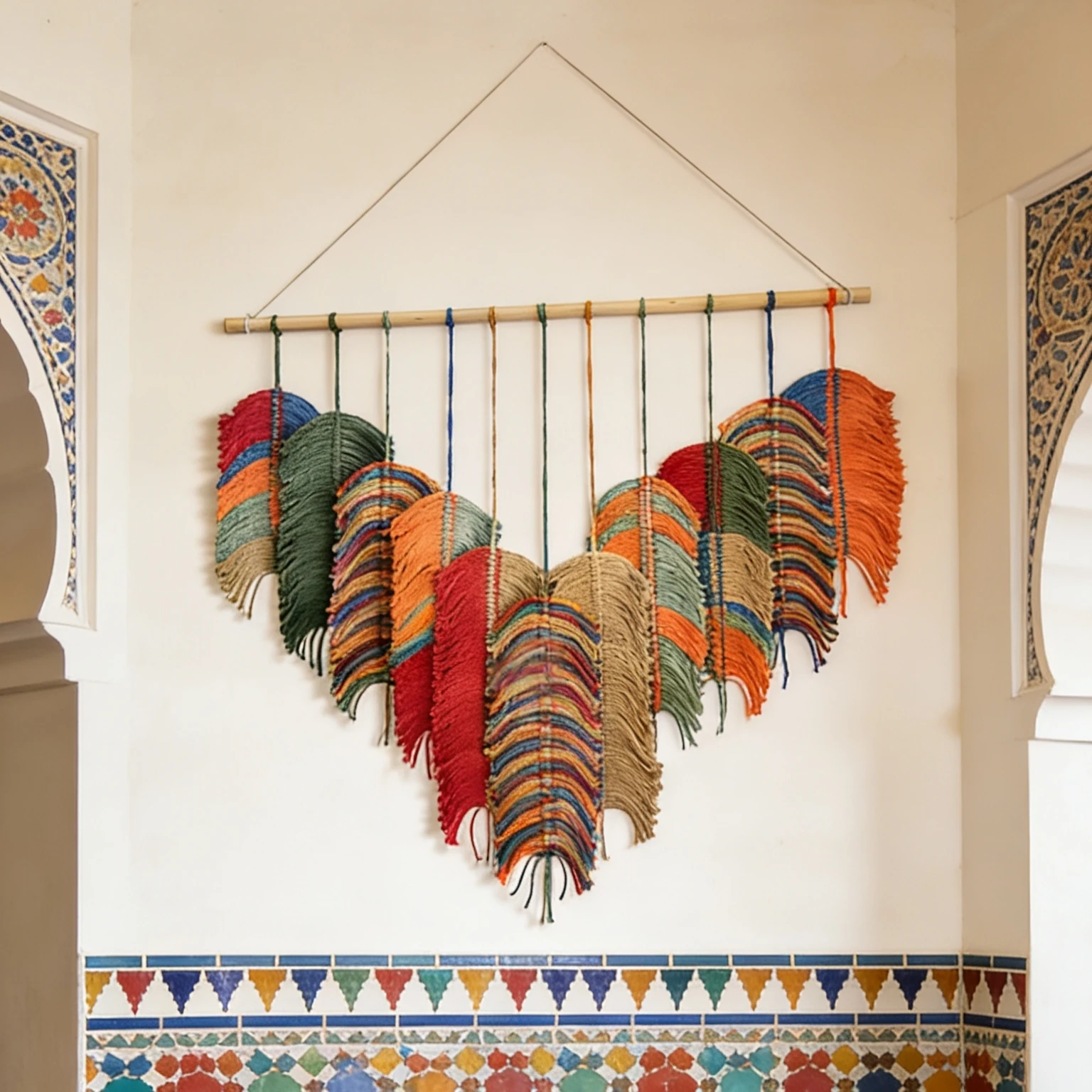 Bohemian Style  Feather Wall Hanging Heart Shaped Handwoven Tapestry Home Decorative Artwork Cotton Leaf Pattern