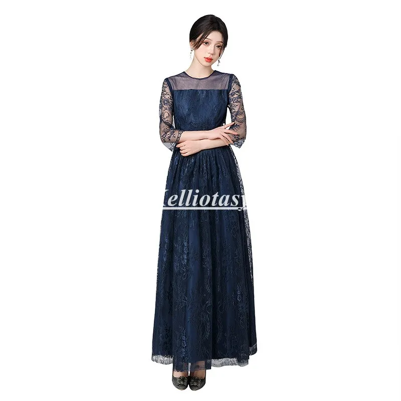 Plus Size Mother Of The Bridal Dresses Navy Blue Quarter Sleeves Long Formal Lace mother of the bridal dress for fall