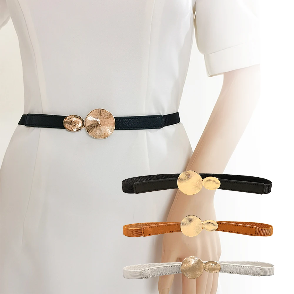 Simple Fashion Elastic Women's Belt Multi-colored Round Metal Buckle Skirt Pants Belt Accessories