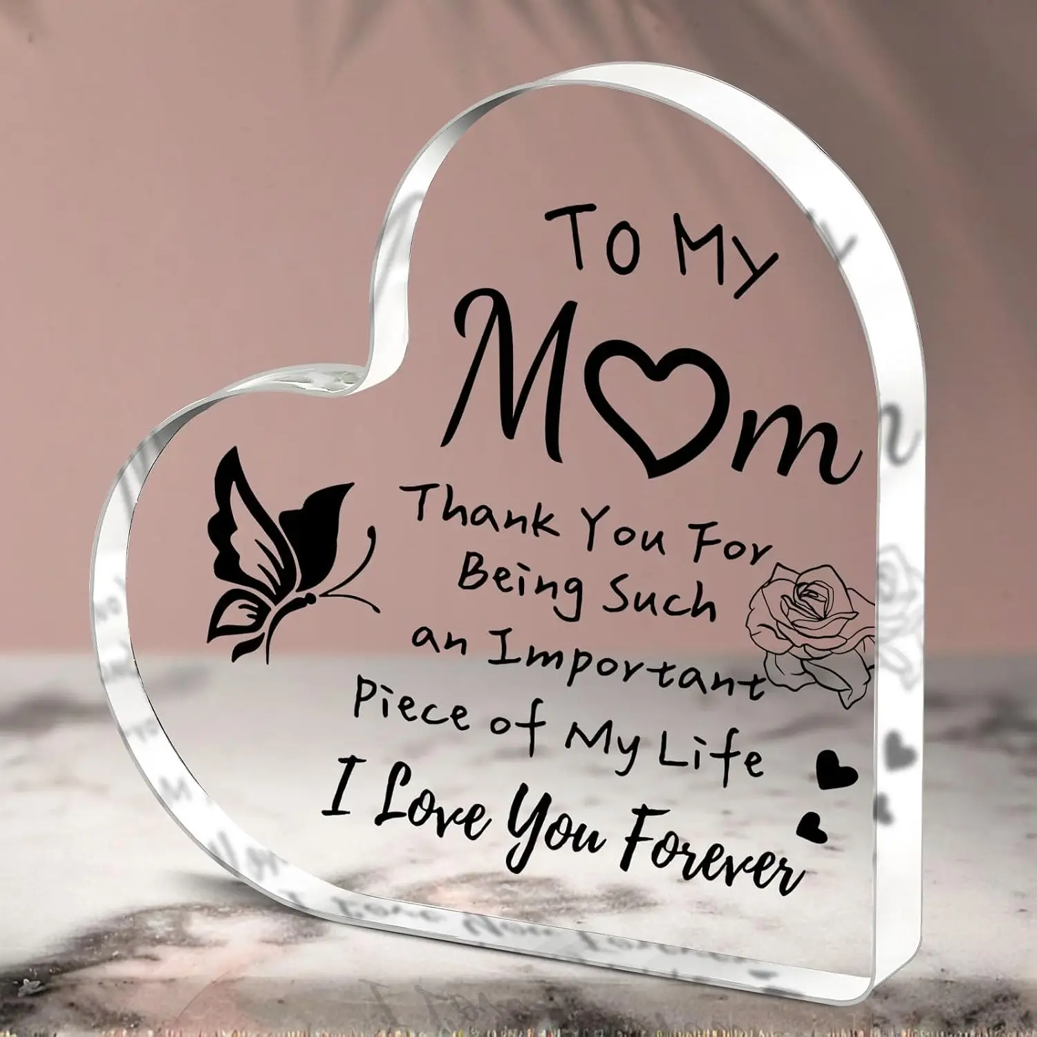 Heart‑Shaped Acrylic Plaque To My Mom Thank You For Being Such An Important Piece Of My Life Butterfly Rose Freestanding Mother’s Day Keepsake Gift,I Love You Forever Mom Quote Heart Acrylic Tabletop Plaque Sentimental Thank‑You Gift For Mother