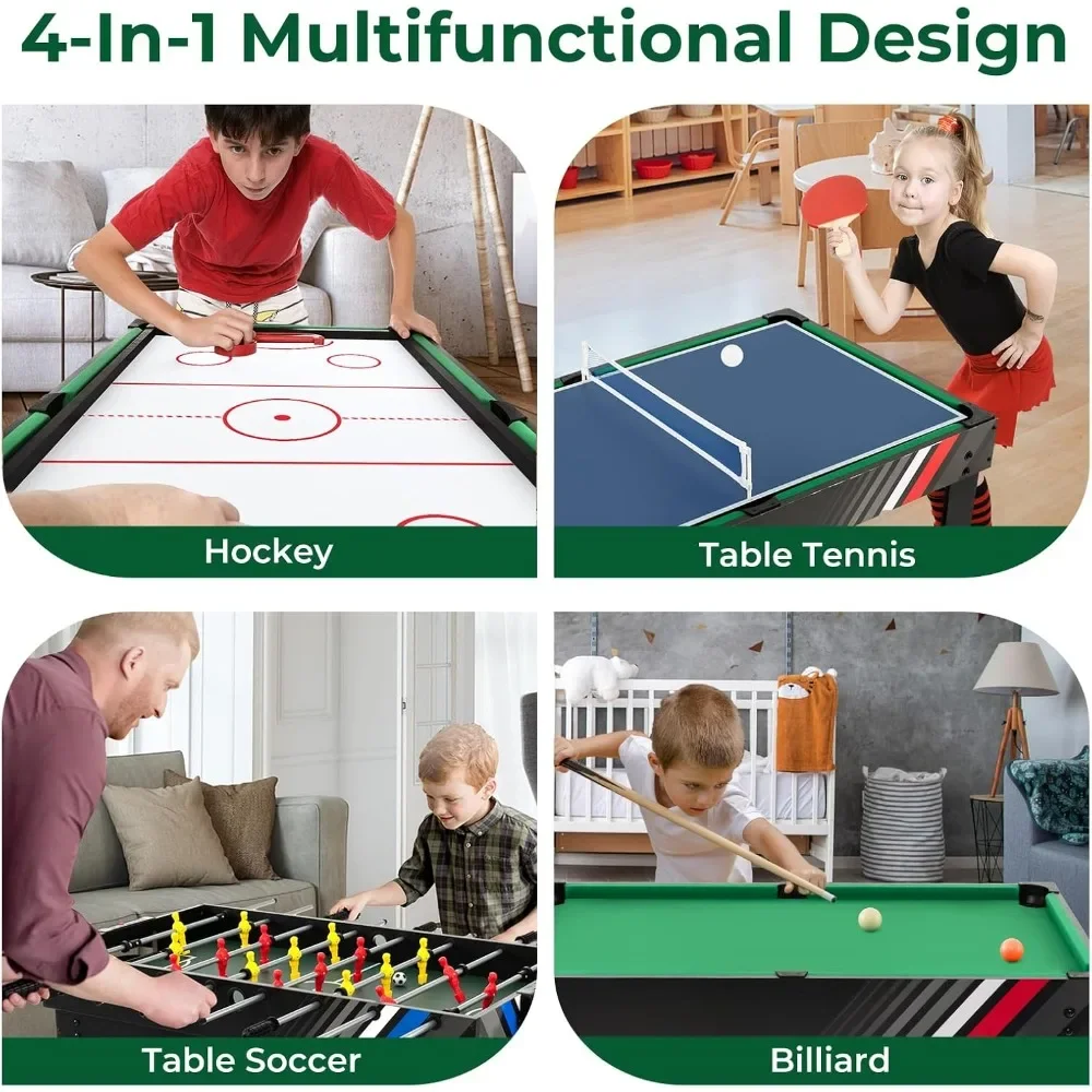 Mesa de juego combinada 4 en 1, juego de mesa multijuego de 49" con fútbol, hockey aéreo, billar, mesa de tenis de mesa