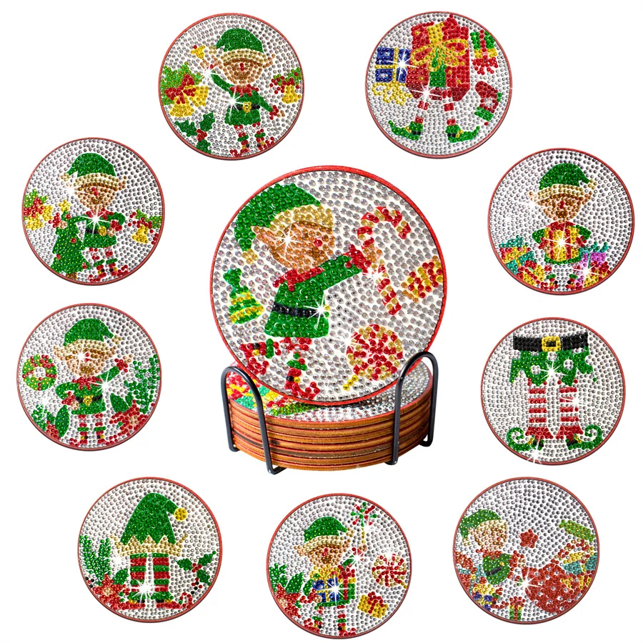 

10PCS DIY Diamond Painting Christmas Coaster with Coaster Holder Diamond Painting Art CraftS Green Hat Dwarfs Pattern 10*10cm