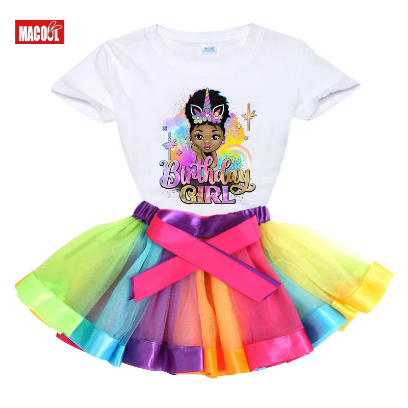 Girls Birthday Outfit Party Rainbow Tutu Girls Dress Set Princess Girl Angel Party Light Tutu Suits Black Girl Birthday Outfits