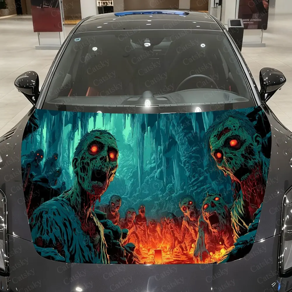 

Thriller Style Glowing-Eye Zombie Cave Car Vinyl Wrap, PVC Material Waterproof Car Hood Sticker, Self-Adhesive Scratch-Resistant