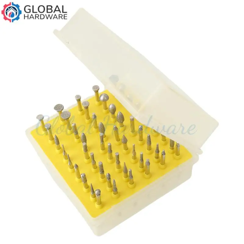 50 buah set kepala burr pemoles berlian, aksesori penggilingan listrik, alat berputar untuk mengukir batu giok dan batu