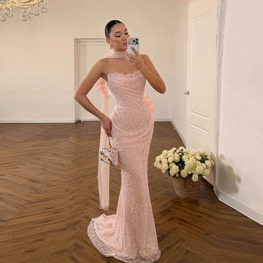 Pink Sparkle Beaded Mermaid Evening Dress For Women Side 3D Floral Decor Long Sheer Chiffon Neck Scarf فستان حفلة فاخر وردي مزدا