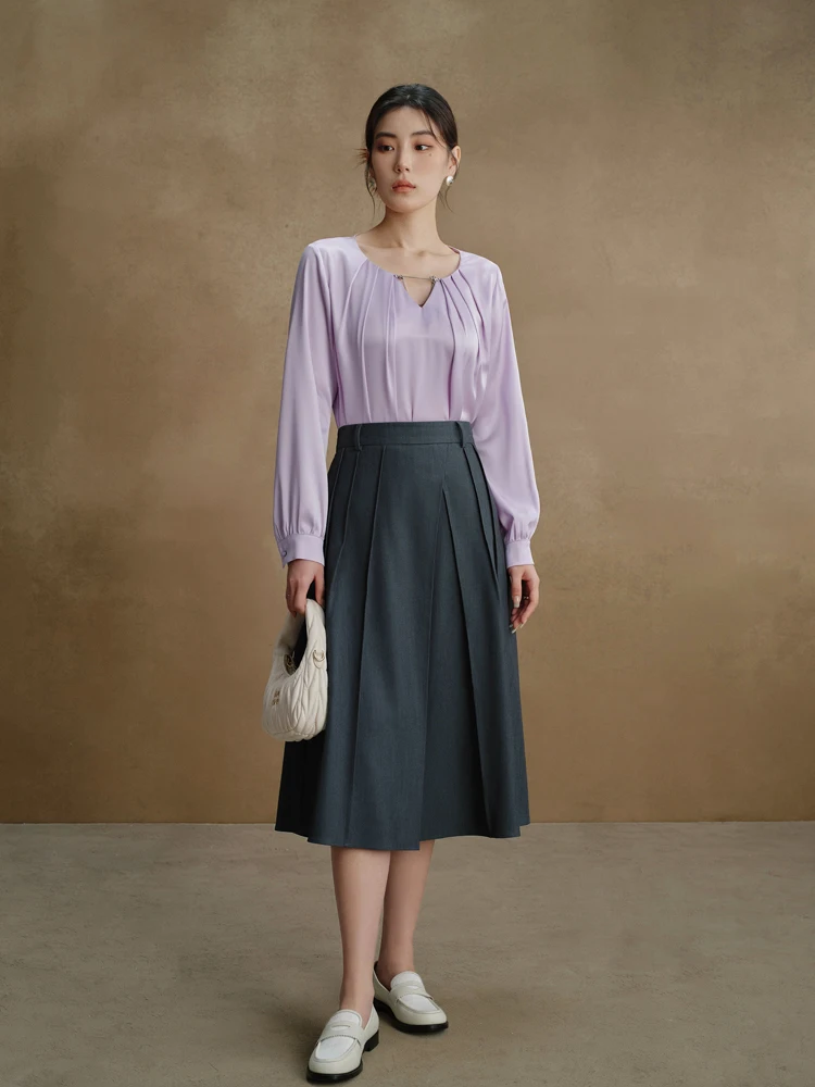 DUSHU Office Lady Temperament Dark Grey A-LINE Skirts High Waist Zipper Waist Mid-Calf Pleated FemaleLong Asymmetrical Skirt