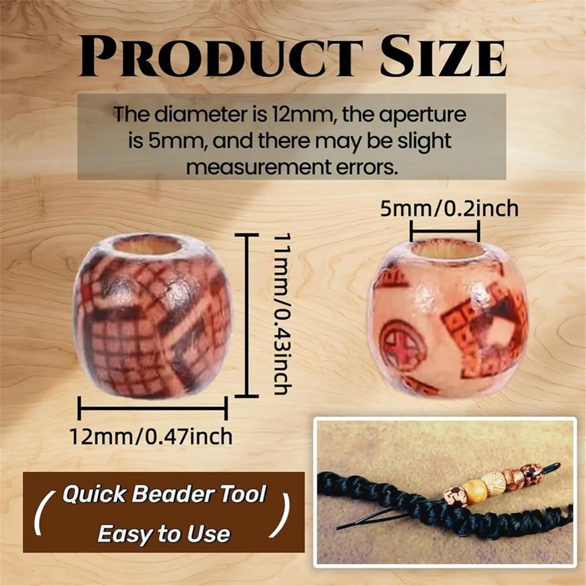 Light Weight 95 Pcs Wood Hair Beads for Braids and Dreadlocks, 12mm Painted Natural Wooden Beads for Loc Dreadlock Hair Accessor