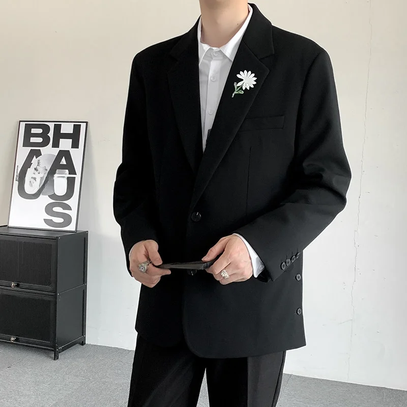 

Korean Sle Large Size Men's Wedding Suit Jaet Floral Lapel Pin Casual Loose Fit Polyester No Ironing Treaent Autumn Wear