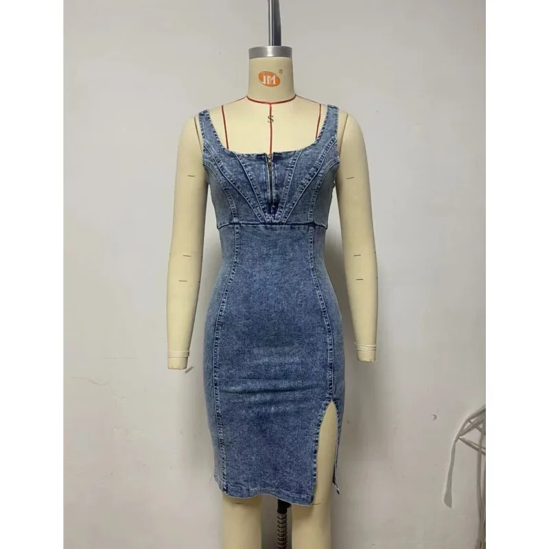 Vintage Style Slim Fit Wrap Hip Denim Dress Summer Sleeveless Zip U Collar Bodycon High Slit Hem Midi Dresses For Women Vestidos
