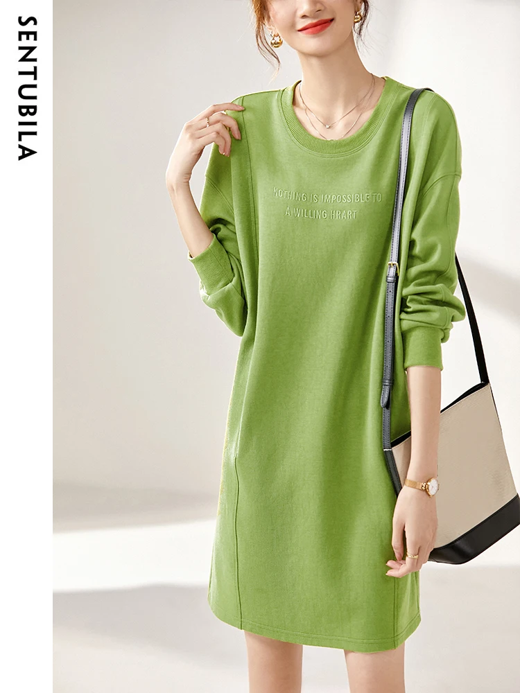 SENTUBILA Casual Pullover Sweatshirt Dresses Women 2024 Spring Letter Embroidery Long Sleeve Straight Loose Green Mini Dress