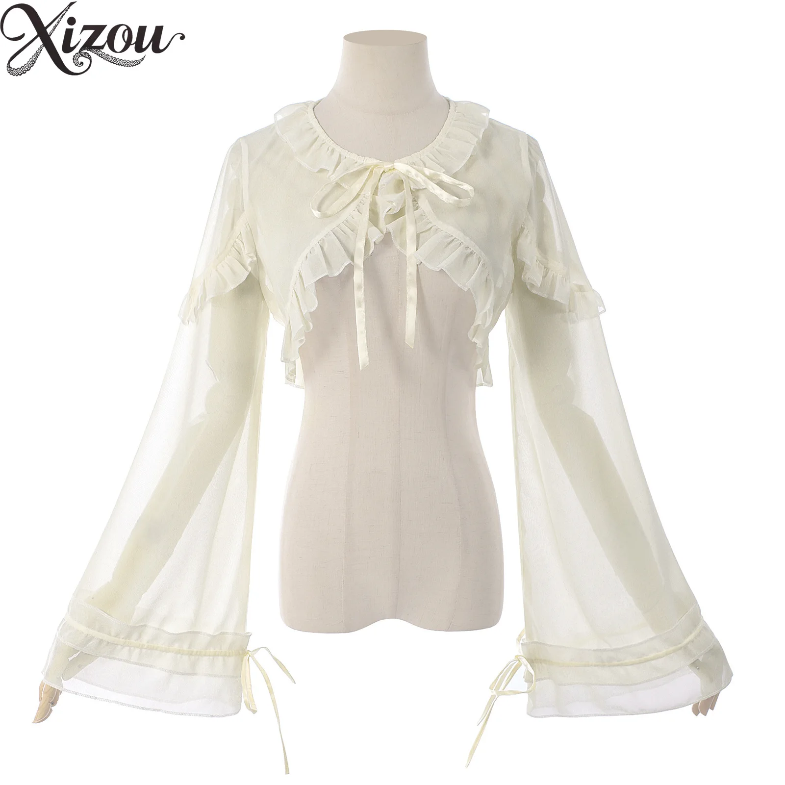 

2025 Lolita Shirts Sweet Vintage Lace Up Ruffle Bolero Bow Flare Sleeve Cropped Top French Fairy Summer Women White Thin Blouse