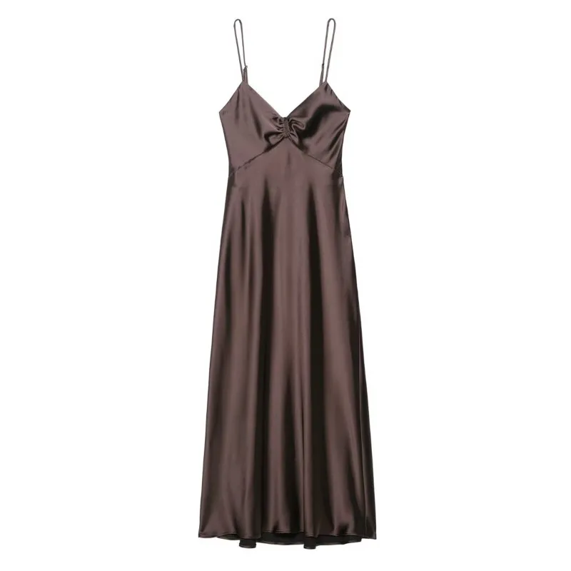 NERHEFZ Abito longuette da donna in raso raccolto Sexy senza schienale con cinturino per spaghetti con scollo a V Abito lungo da donna a pieghe Abiti chic da donna