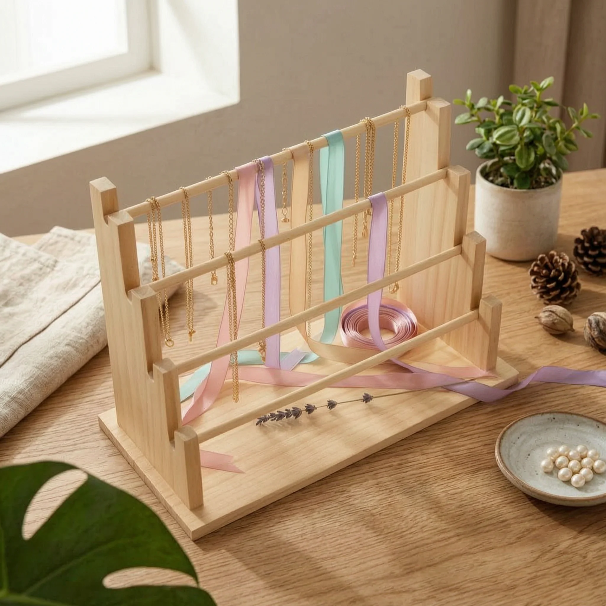 

Wood Jewelry Display Rack Sturdy Wooden Bracelet Stand Ribbon Organizer Rack Space Saving Watch Display Stand Large Capacity