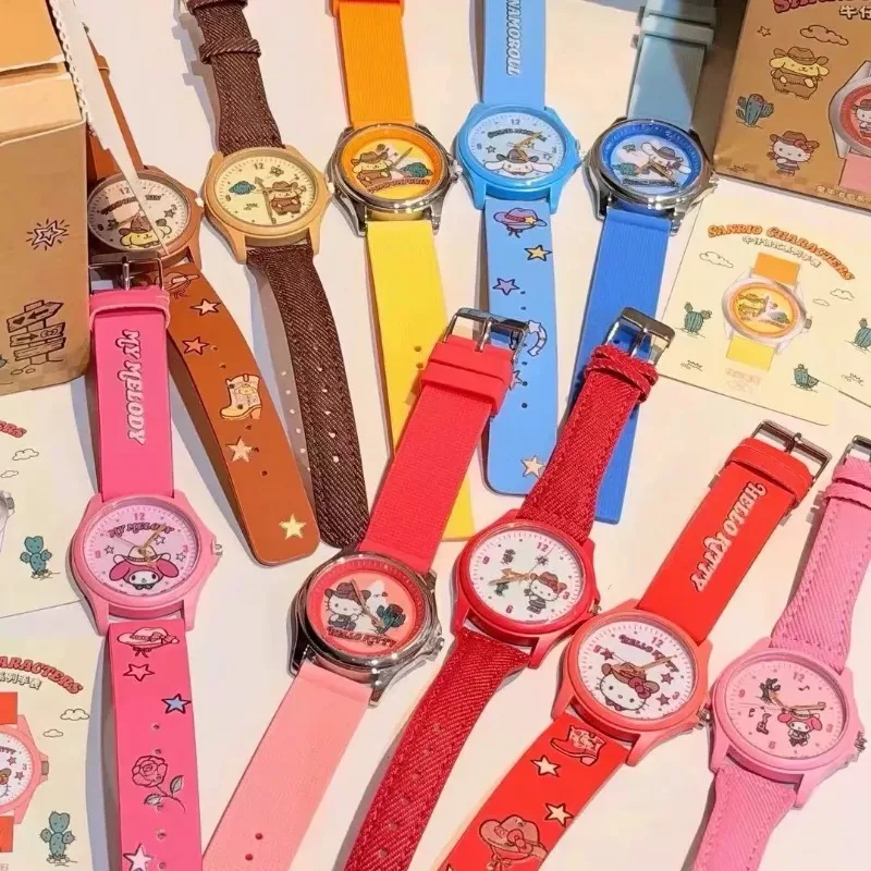 Moetch Sanrio Characters Cowboy Busy Watch Blind Box Cute PU Strap Quartz Watch with Hello Kitty My Melody Cinnamoroll Toy