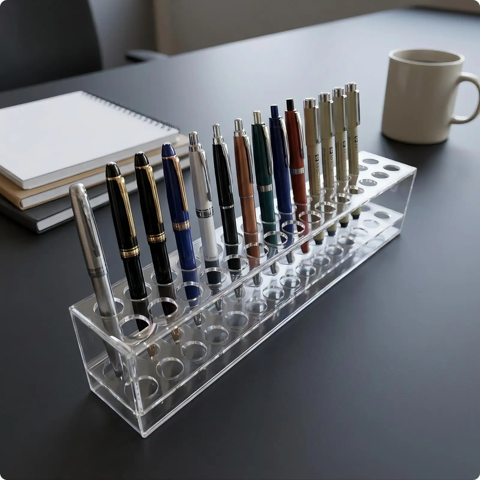 Stepped Pen Holder Clear Tiered Display Stand Space-Saving for Desk, Artists