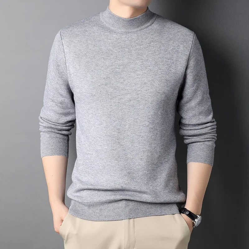 New Autumn Men\'s Half High Neck Sweater Knitted Pullover Underlay Knitted Fashion Slim Fit Solid Elastic Pullover Men\'s