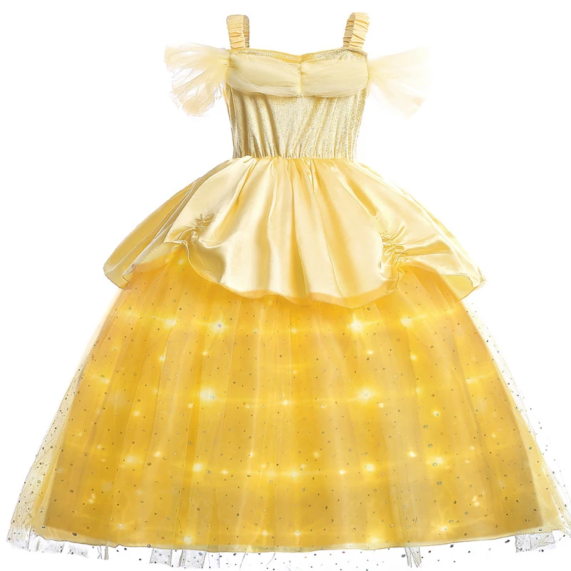 Girls Princess Belle Dressing up Costume Fancy LED Lights Dress Childs Party Outfit Birthday Holiday Pretend Role Play Clothes