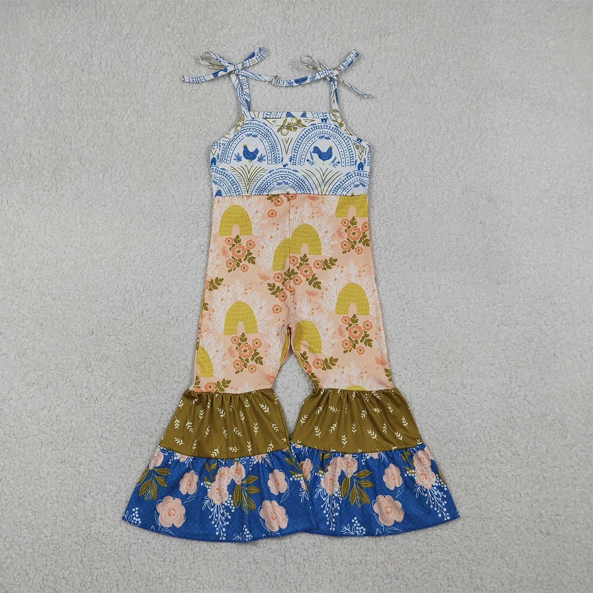 Toddler Baby Girl Strap Farm Chicks Flowers Bell Bottom Jumpsuit Children One-piece Kids Pants Infant Overalls Romper Wholesale