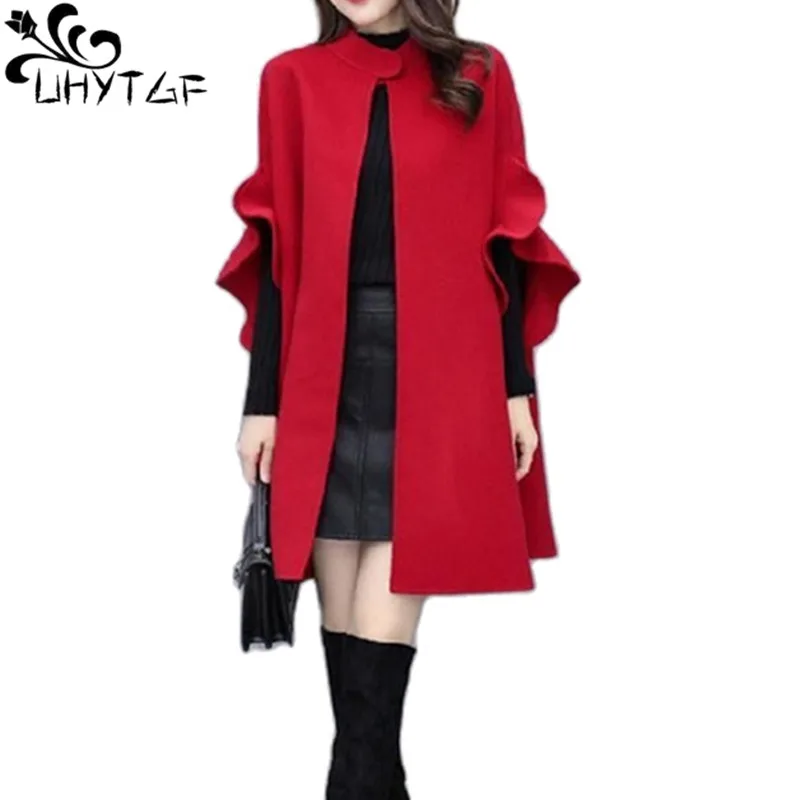 

UHYTGF Fashion Cardigan Womens Spring Autumn Woolen Coat Female A-Line Cloak Shawl Thin Jacket Ladies Loose Elegant Clothes 1849