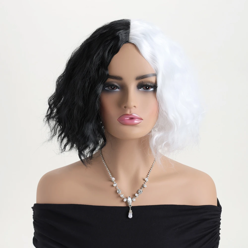 

Shoulder-Length Black and White Synthetic Wigs for Women Short curly Wig For Party Halloween Cosplay Birthday
