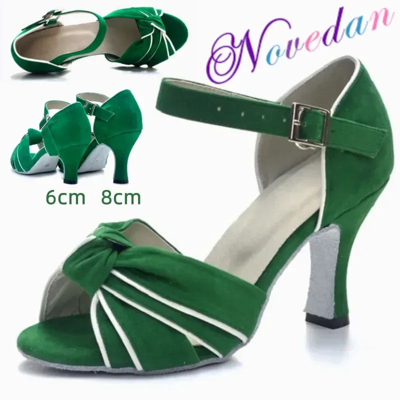 New Hot Sale Women Latin Dance Shoes Green Bowtie Suede Sandal Ladies Salsa Tango Ballroom Dancing Shoes High Heel 6CM/8CM