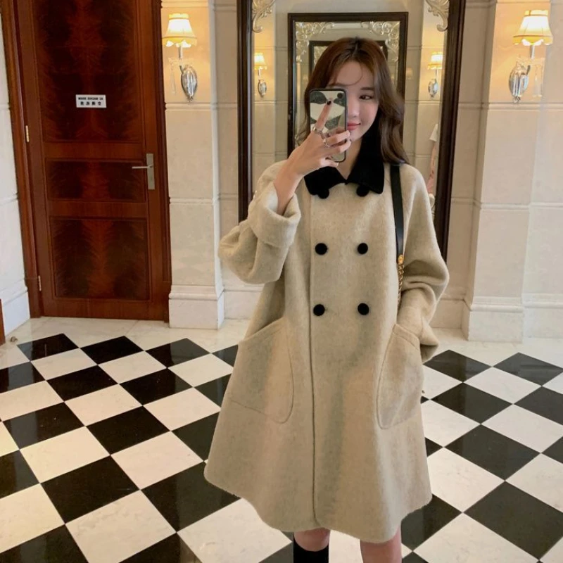 2023 Autumn Winter New Reversible Cashmere Coat Women Short Temperamental Loose Woolen Outwear Female Mid-Length Casual Outcoat