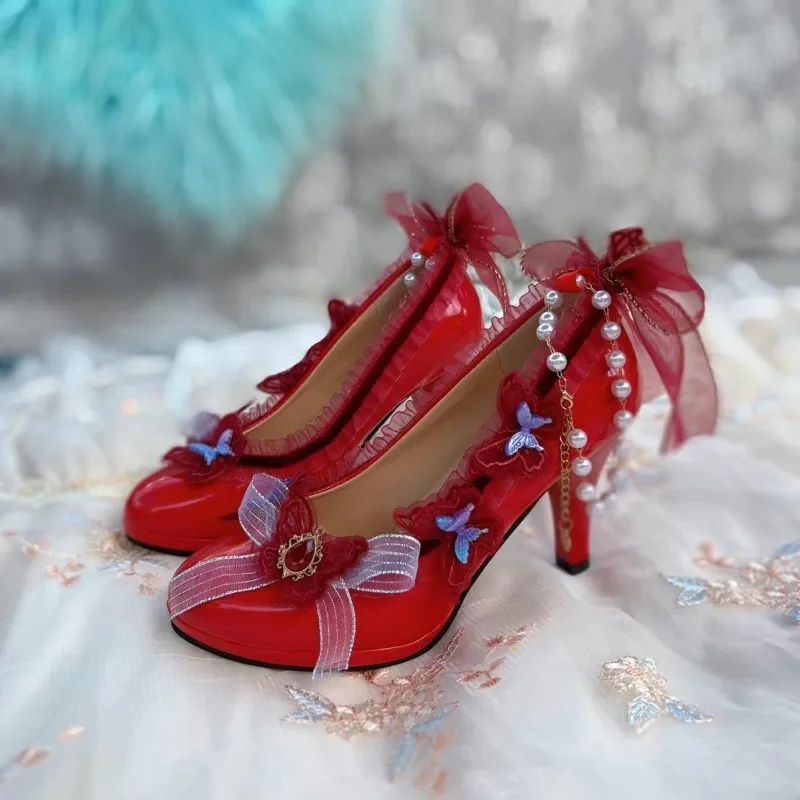 オリジナルロリータ靴手作りハイヒール甘いエレガントな多用途ロリボウティーパーティーライト高級 WomenShoes 結婚式の靴の花嫁