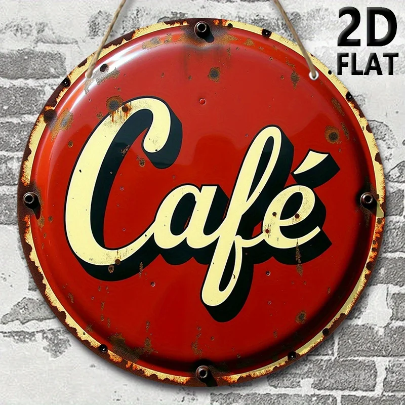 2D Flat, Vintage Cafe Wall Decor Sign - 7.87 Inch Round Rustic Wooden Hanging Plaque with Red & Black Art Deco Design, Recycled