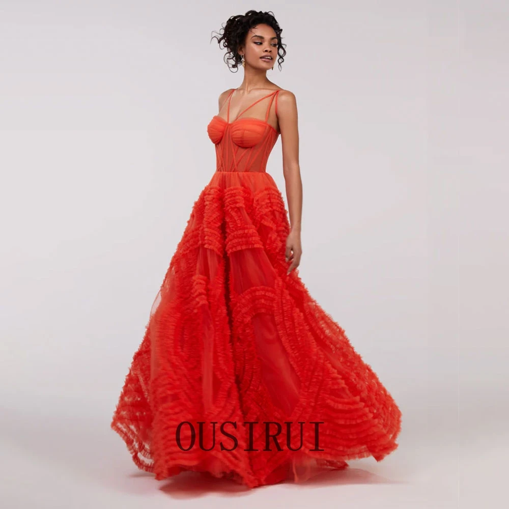 OUSIRUI Exquisite Spaghetti Strap Evening Gowns Tulles Floor Length Orange Sexy Backless Communication Dresses вечернее платье