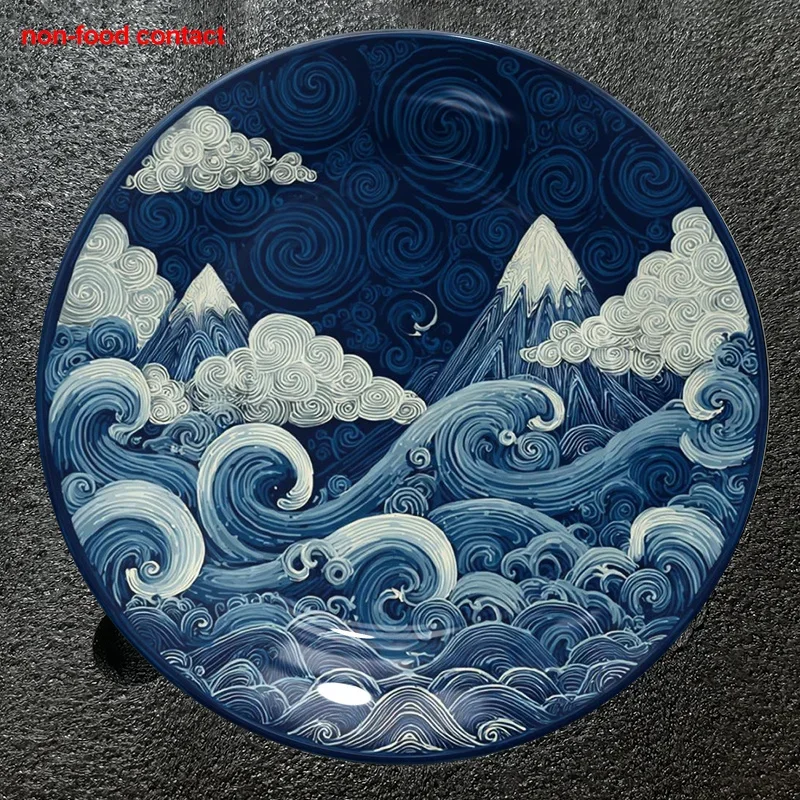 1 Vintage Japanese Wave and Mountain Ceramic Plate | 8-Inch Round Wall Hanging Art Tray for Jewelry Display, Non-Food Contact