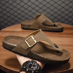 CYYTL Men Slippers Casual Summer Sandals Outdoor Beach Shoes Slides Comfort Lightweight Leather Adjustable Buckle Flip flop Flat