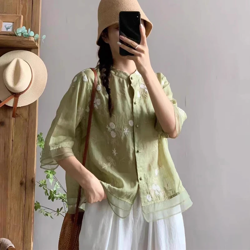 

Vintage Literary Heavy Embroidery Cotton And Linen Shirt Women Summer Temperamental Organza Tops Casual Loose Elegant Blouses