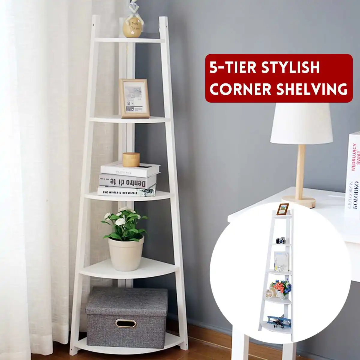 5-Tier Corner Shelf Rack Shelves Display Rack Stand Bookcase Solid Wood Shelf Bookcase Organizer Hom Office Living Room Decor