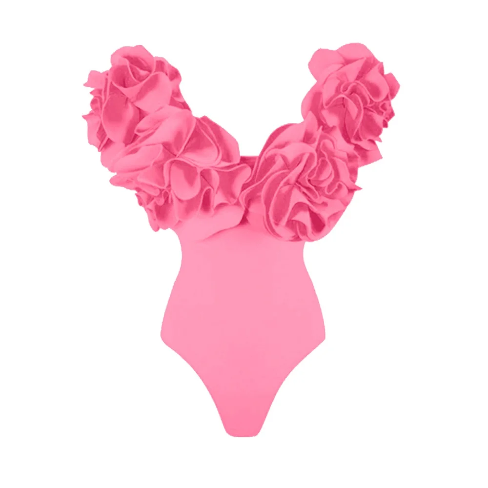 2025 2Pc High Quality Luxury Woman Swimsuit Flower Ruffle Solid Bathingsuit Push Up Swimwear Off Shoulder Summer Suits Beachwear