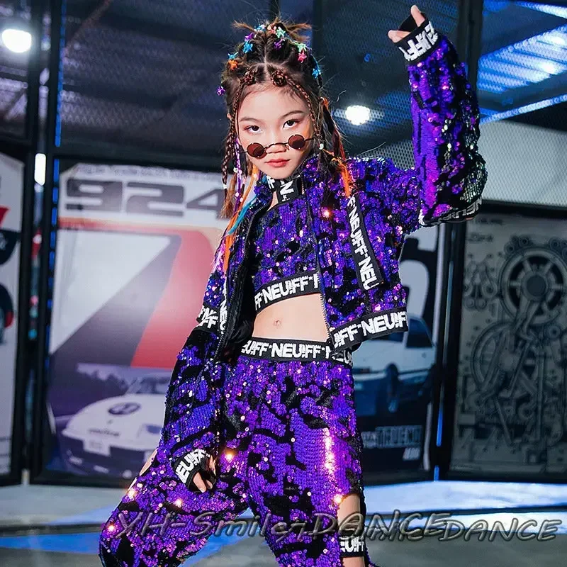Sequin Suits Braid Children Show Model T-Stage Dancer Clothing Fashion Hip Hop Jazz Dancing Outfit Dance Costume Kids Purple