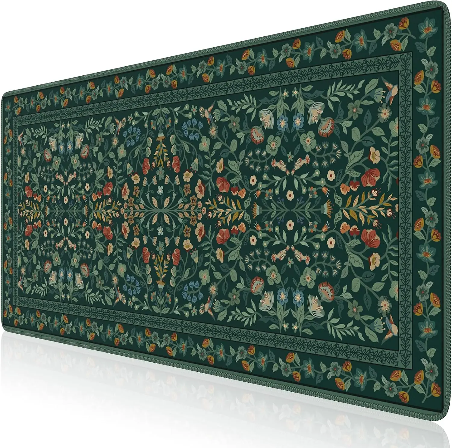 Vintage Persian Floral Rug Desk Mat, Green Boho Flower Large Gaming Mouse Pad for Aesthetic Home Office Computer Workstation