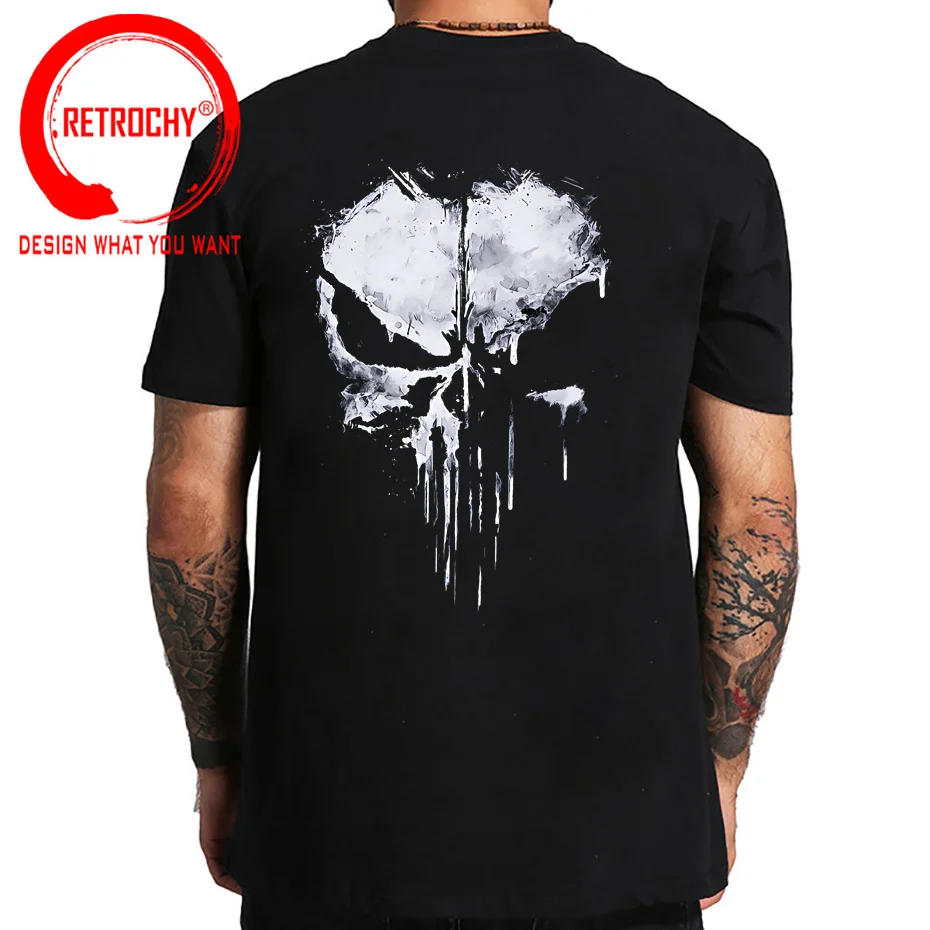 Vintage Distressed Skull T Shirt Men Funny Design Cotton T-Shirt Fashion Clothing Harajuku Tshirt Men's Black Tops Tees Shirt