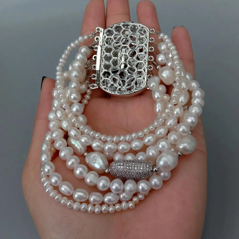 KKGEM classis style 7 Strands Natural different shape FreshWater Pearl White Color Multilayer Charm Bracelet