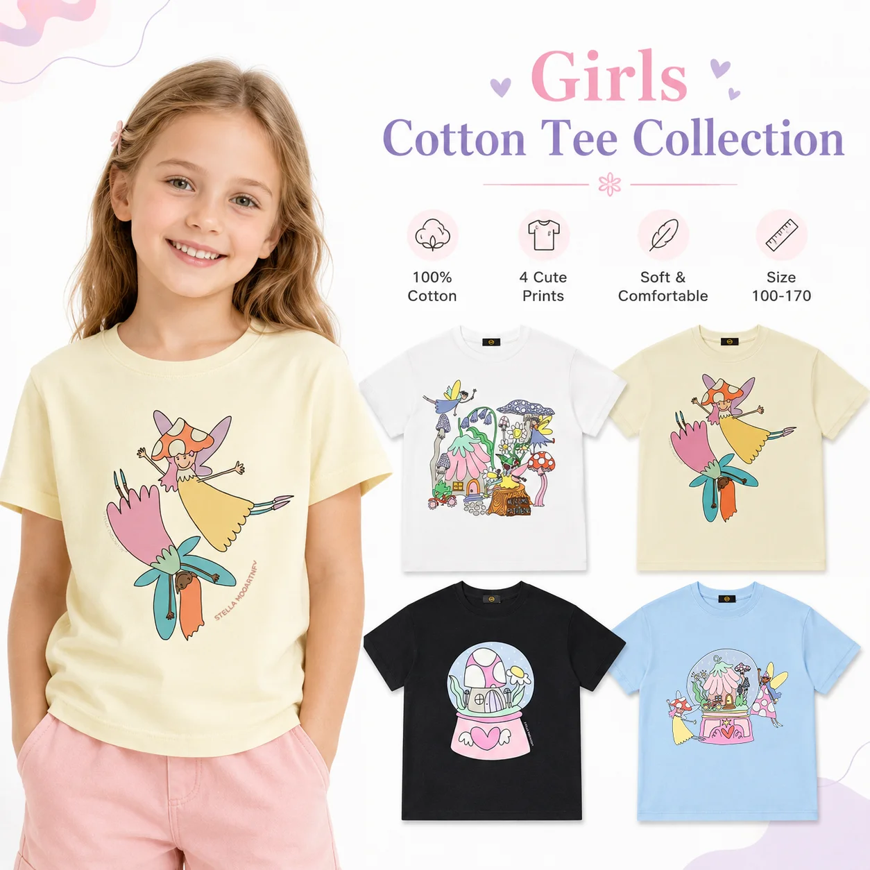 fashion Kids Summer Clothes Cute Fairy Castle Tees %100cotton botanical print Child short sleeves Fun floral print Girls T-shirt
