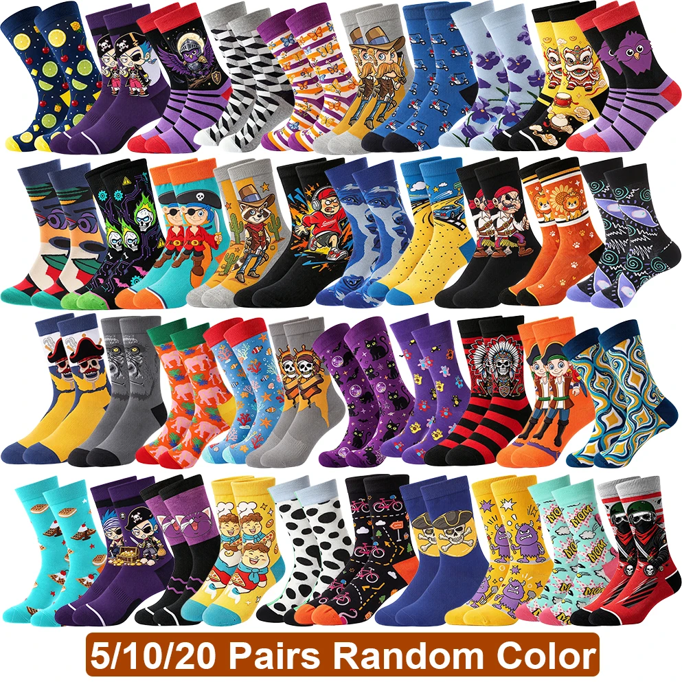 5/10/20Pairs Random Unisex Crew Socks Gamer Anime Cute Dog Cat Rabbit Sloth Flamingo Animal Socks Christmas Halloween Gift Socks