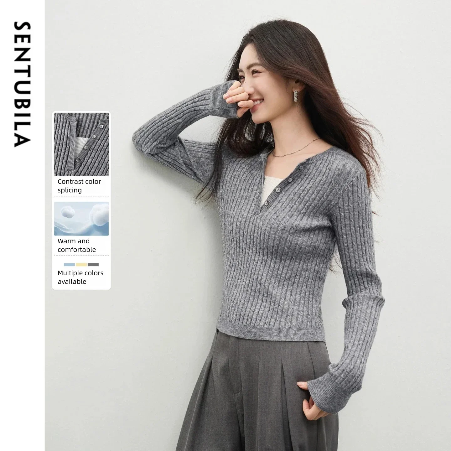 

SENTUBILA женский шерстяной свитер 2026, весенний новый контрастный искусственный короткий джемпер из двух предметов с v-образным вырезом, шикарный облегающий топ W61EG6030