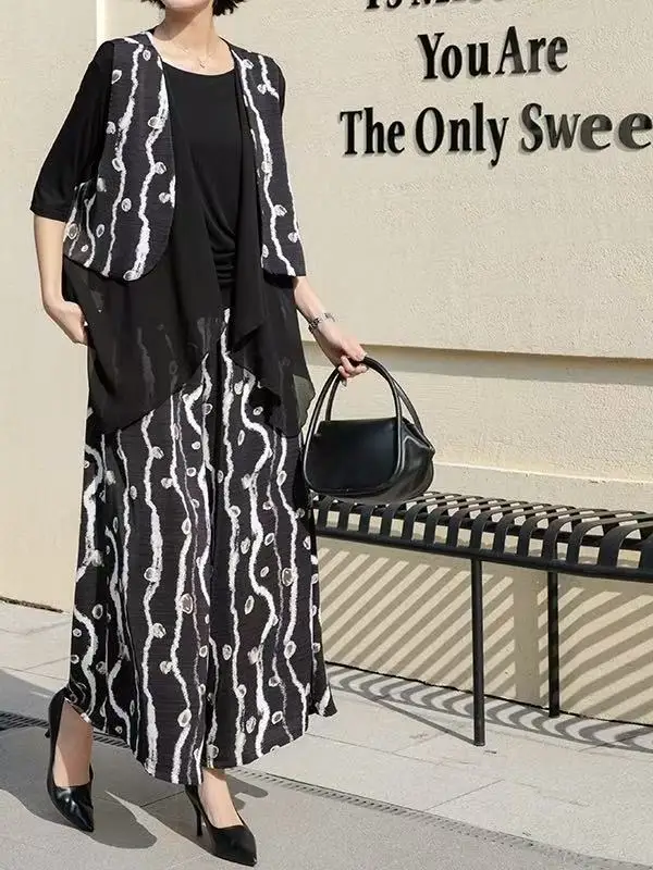 

Summer Casual Wide Leg Pants T-Shirt Vest Three Piece Set Women's plus Size Fashionable Label Removed Clothing Ensemble