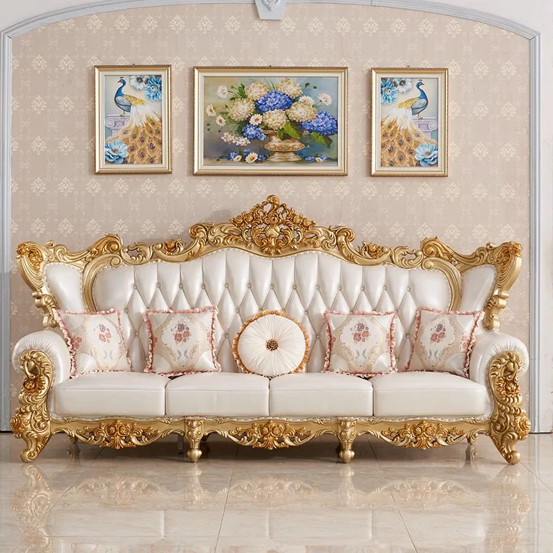 Custom European leather sofa 1234 combination villa living room carved cowhide American high-end size apartment white furniture