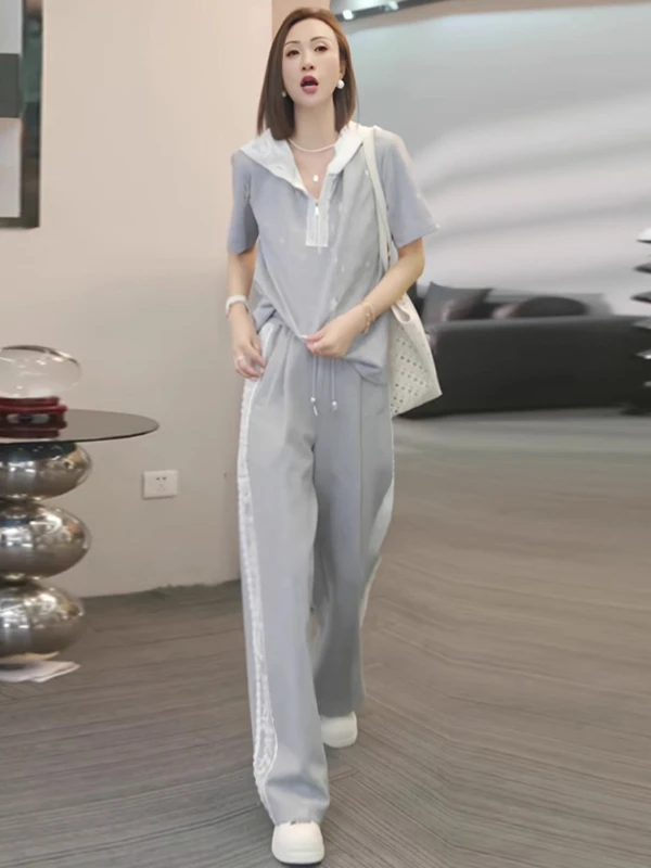 

Элегантный спортивный костюм для женщин: летний комплект из укороченного серого топа с коротким рукавом и широких брюк, повседневный фитнес-наряд из двух предметов