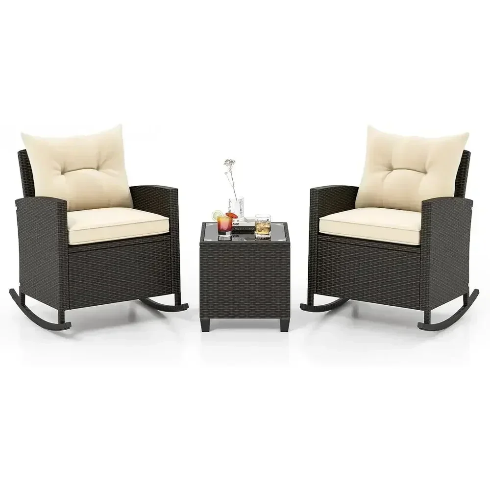 3-Piece Outdoor Wicker Patio Furniture Set with Rocking Chairs and Glass Top Coffee Table, Ideal for Balcony, Garden, Deck, and