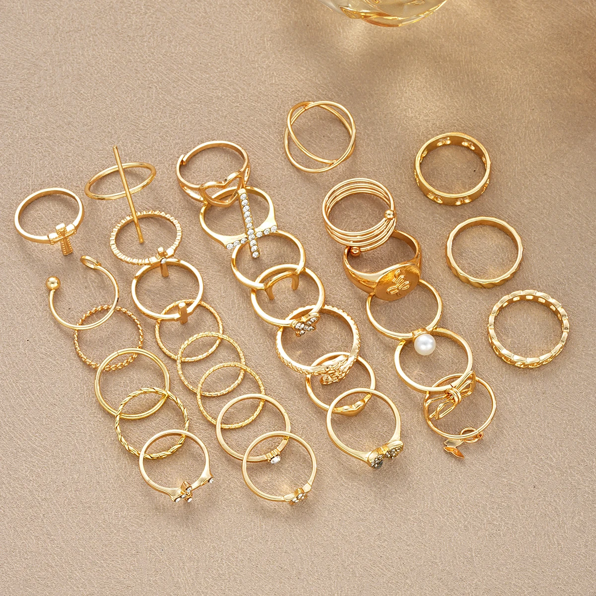 30pcs/Set Fashion Cross Love Rhinestone Ring Simple Wave Metal Circle Hollow Geometric Rings For Women Trendy Jewelry Gifts 2024