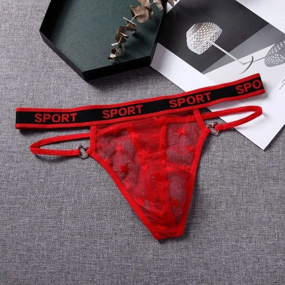 Low Waist Men's Mesh Hollow Thong Star Hollow Out English Letter Mesh Sheer Panties Transparent Bulge Pouch T-back Briefs Men