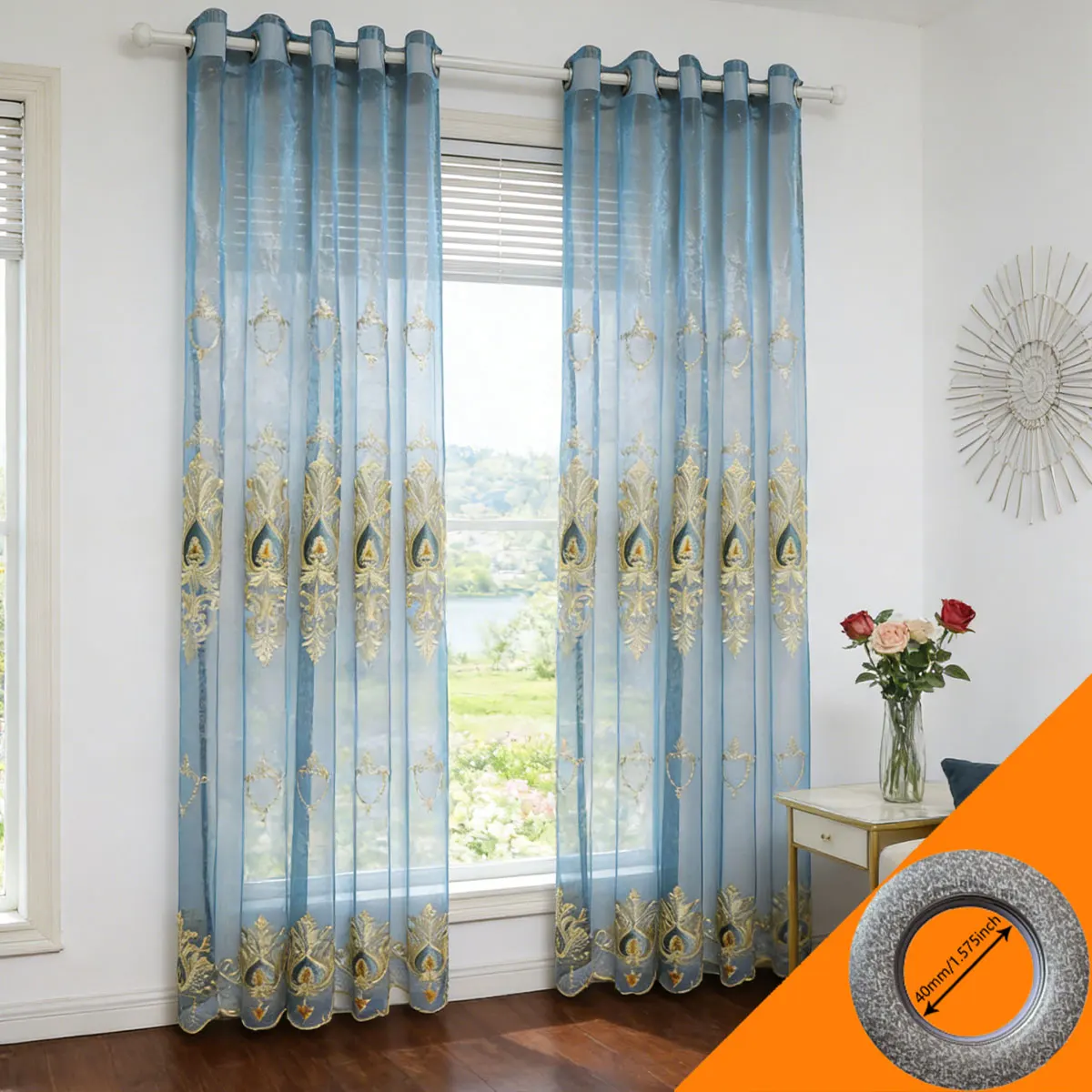 2pcs Luxury Blue & Gold Embroidered Sheer Curtains, Transparent Voile Drapes for Living Room & Bedroom