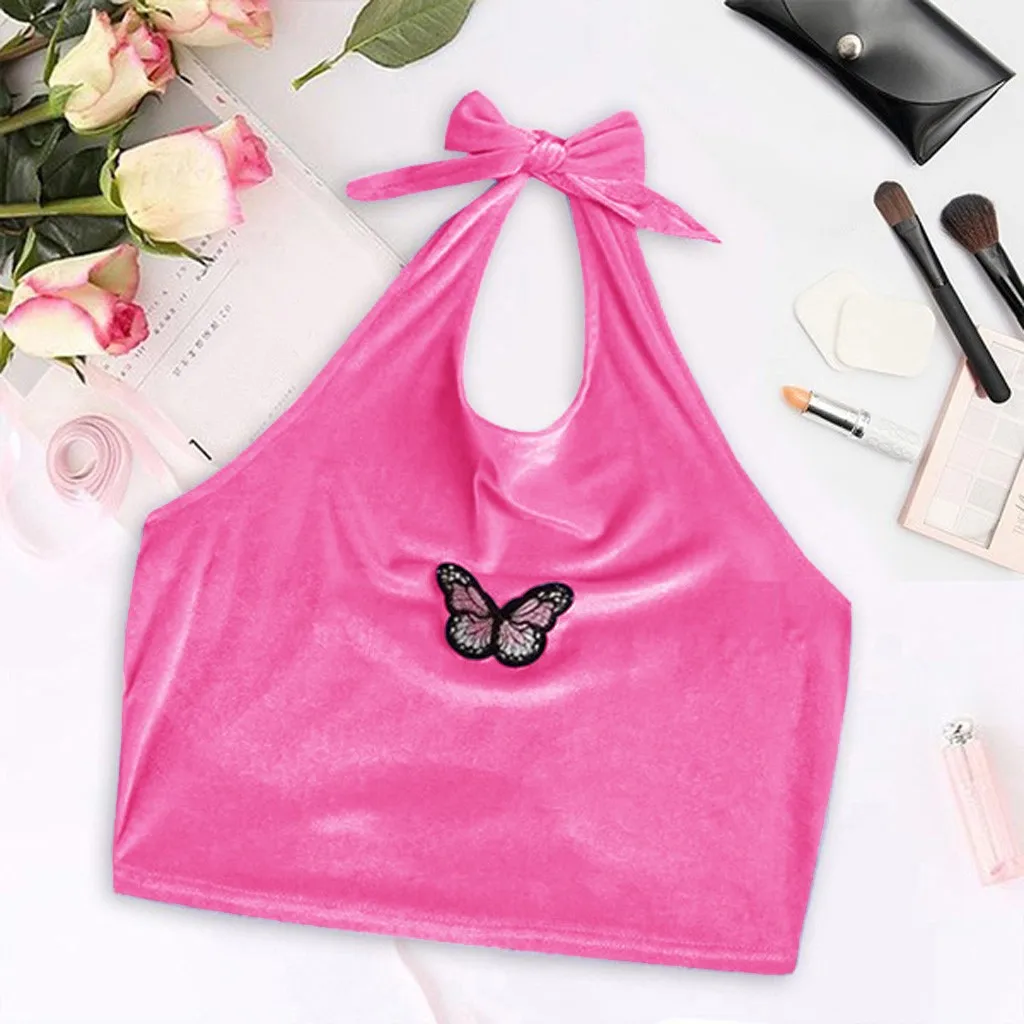 

Pink Women'S Sexy Tees Butterfly Print Lace Up Crop Top Backless Summer Embroidery Tank Tops Y2k Camisols Transparent Vest